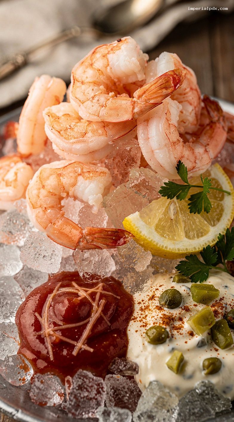 Classic Shrimp Cocktail Tower With Horseradish Sauce and Remoulade – Closeup