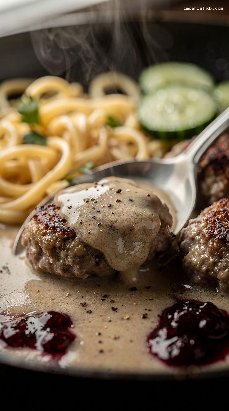 Classic Swedish Meatballs With Creamy Gravy and Buttered Egg Noodles – Closeup