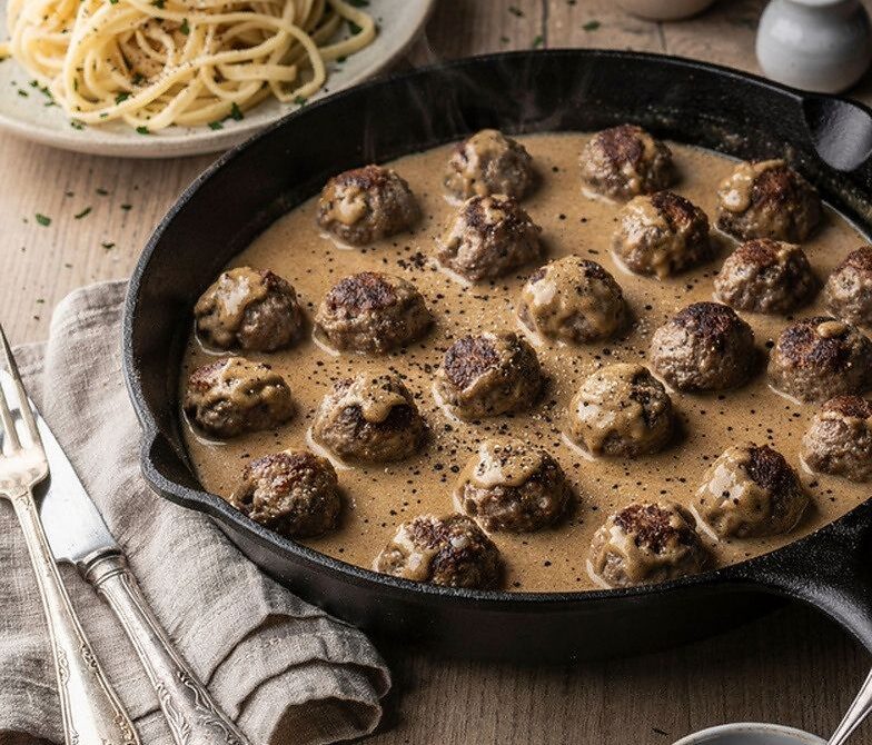 Classic Swedish Meatballs With Creamy Gravy and Buttered Egg Noodles