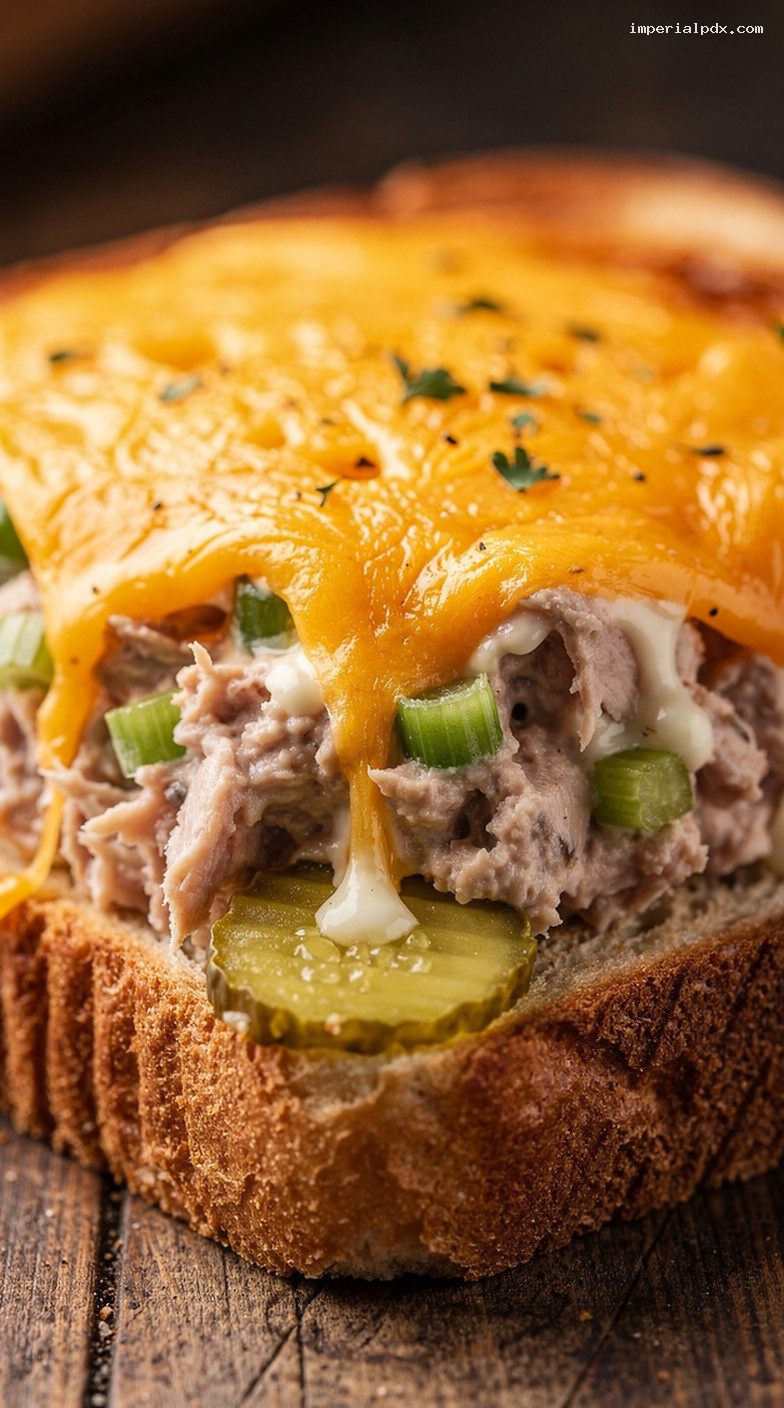 Classic Tuna Melt With Celery Pickles and Sharp Cheddar – Closeup