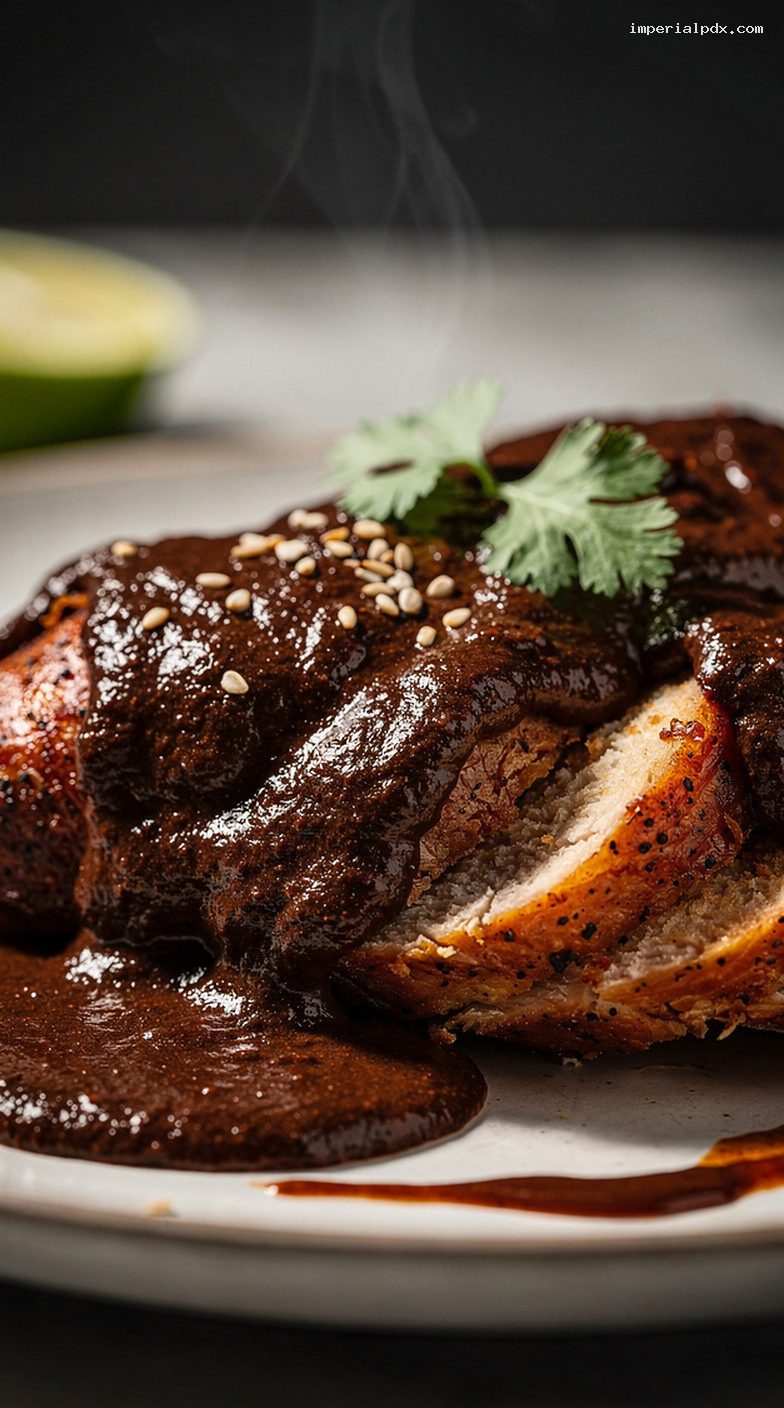 Cocoa-Chili Mole Sauce for Chicken, Enchiladas, and Vegetables – Closeup