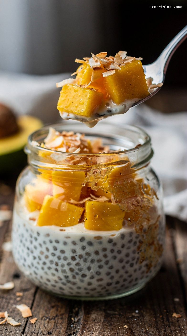 Coconut Chia Pudding With Mango and Toasted Coconut – Closeup