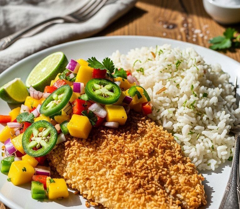 Coconut-Crusted Tilapia with Mango Salsa and Rice