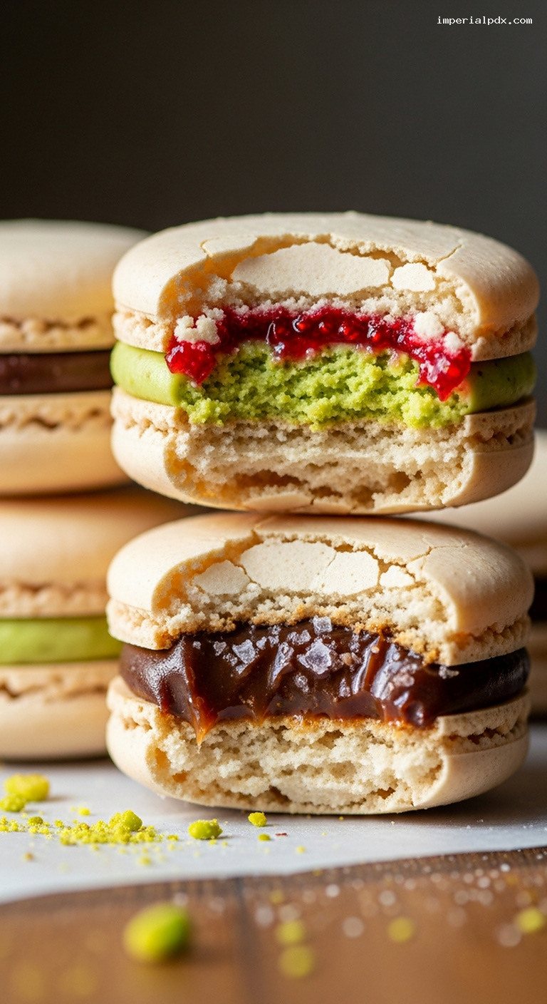 Colorful French Macarons with Raspberry, Pistachio, and Salted Caramel – Closeup