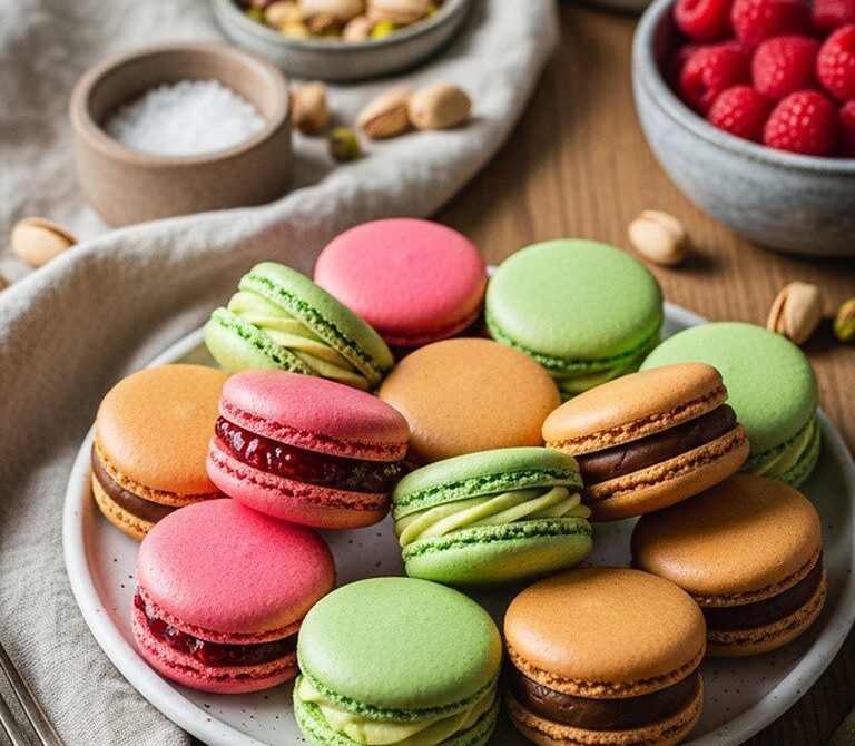 Colorful French Macarons with Raspberry, Pistachio, and Salted Caramel