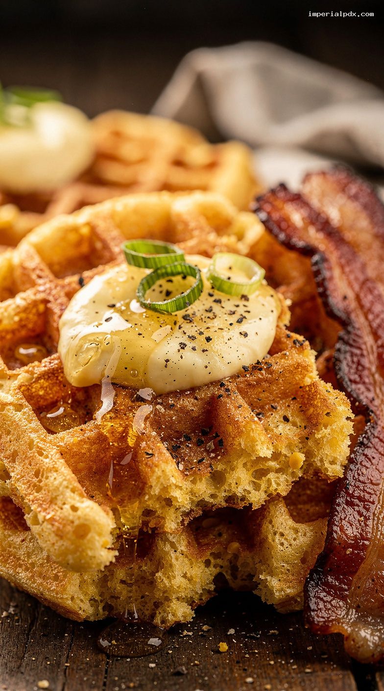 Cornbread Waffles With Honey Butter and Crispy Bacon – Closeup