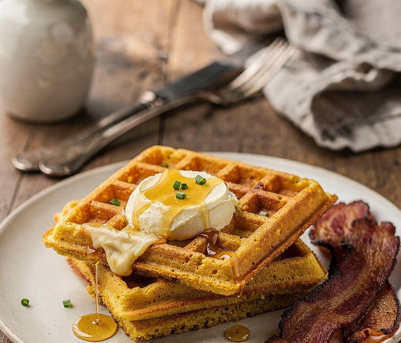 Cornbread Waffles With Honey Butter and Crispy Bacon