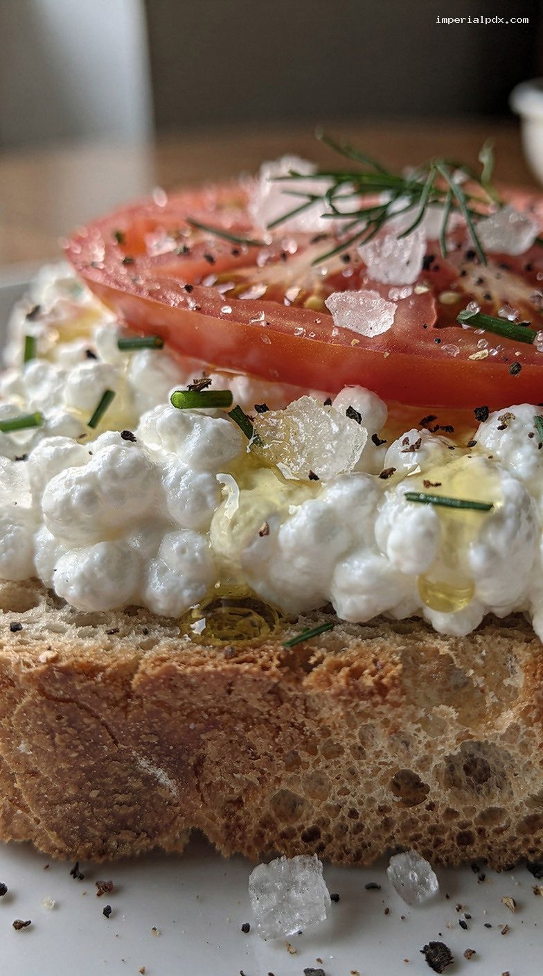 Cottage Cheese Tomato Herb Toast With Olive Oil – Closeup