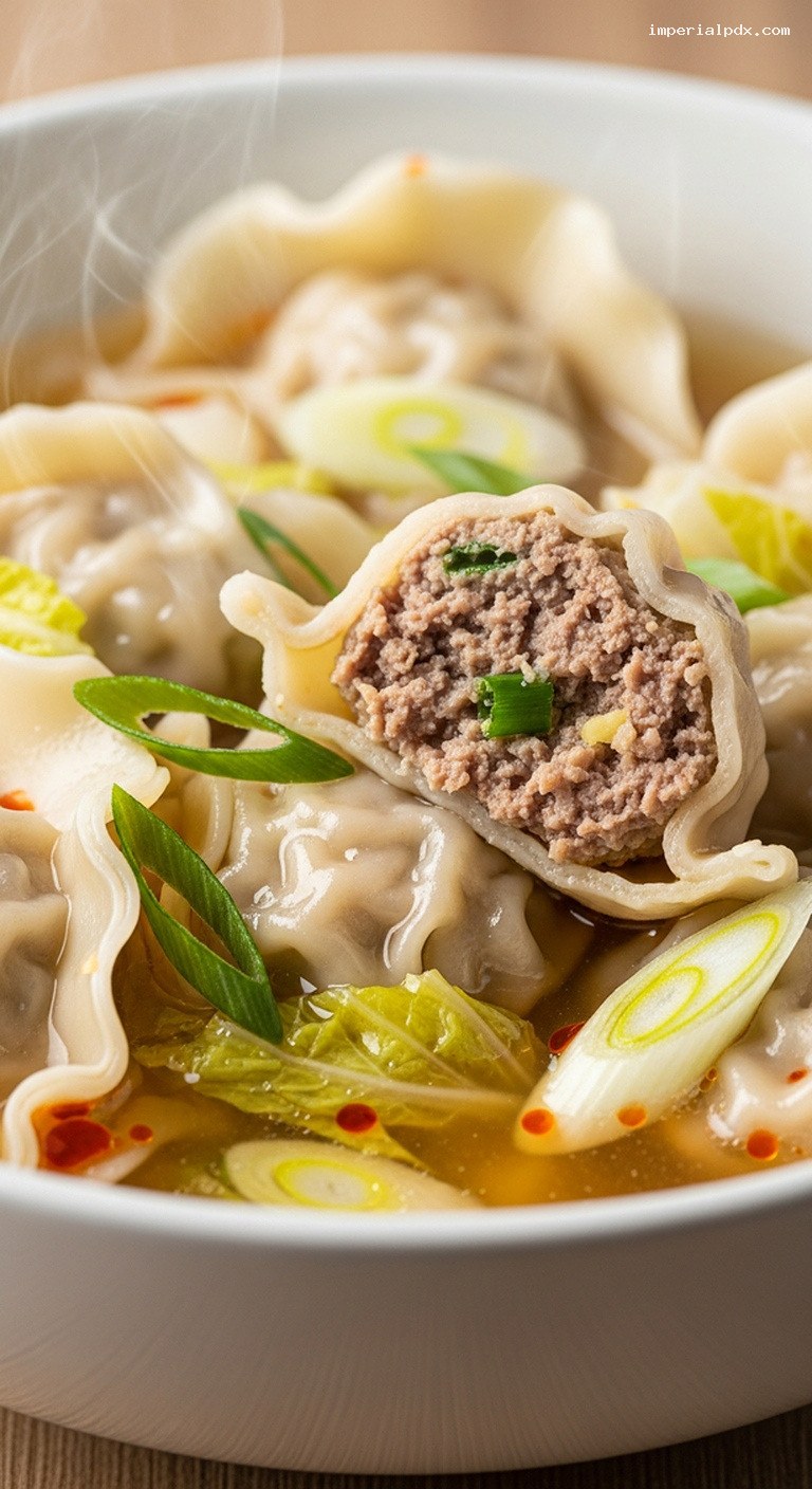 Cozy Ground Beef Dumpling Soup with Napa Cabbage – Closeup