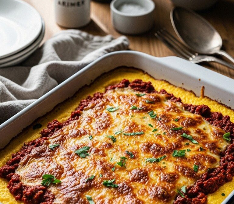 Creamy Baked Polenta Casserole with Herbed Beef and Parmesan