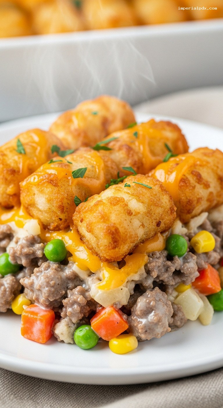 Creamy Beef and Veggie Tater Tot Hotdish – Closeup