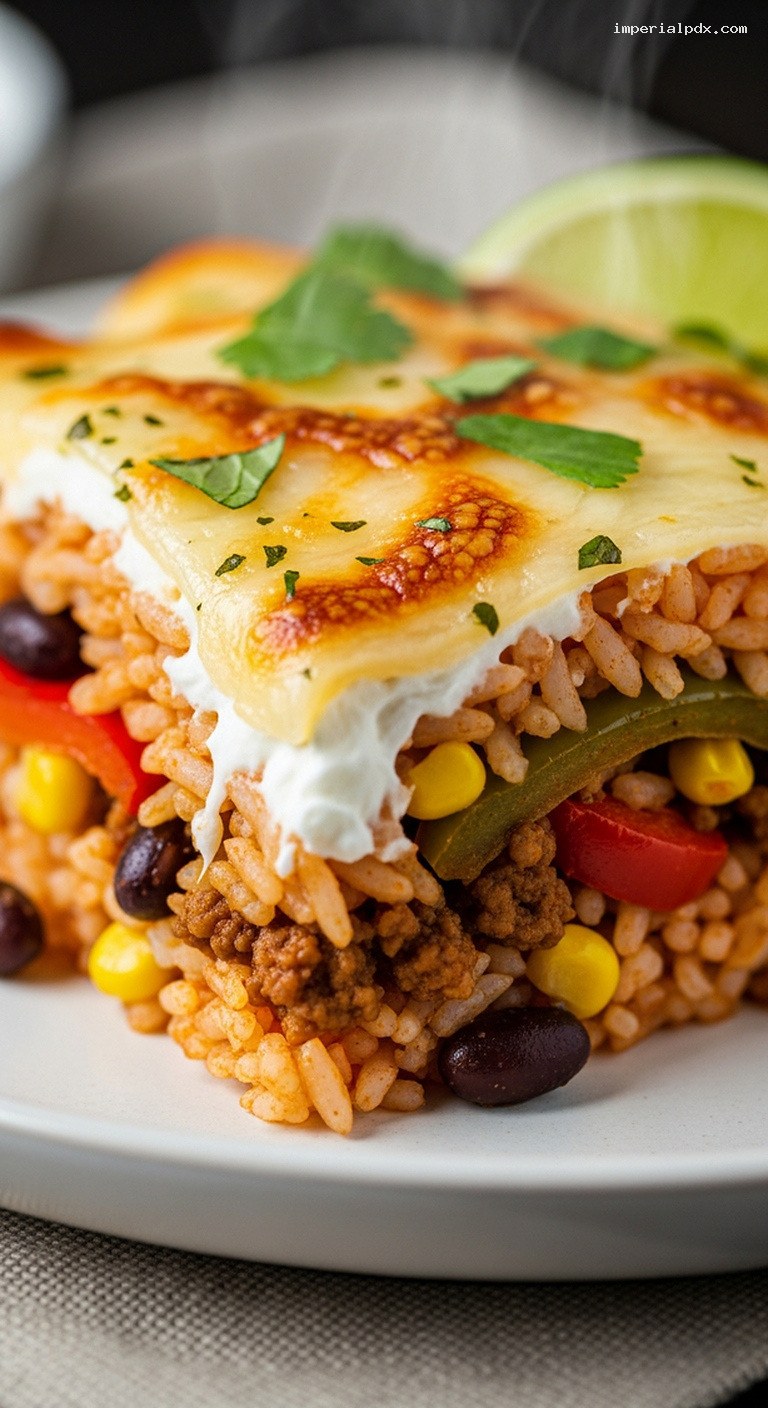 Creamy Beef Fajita Rice Bake Casserole – Closeup