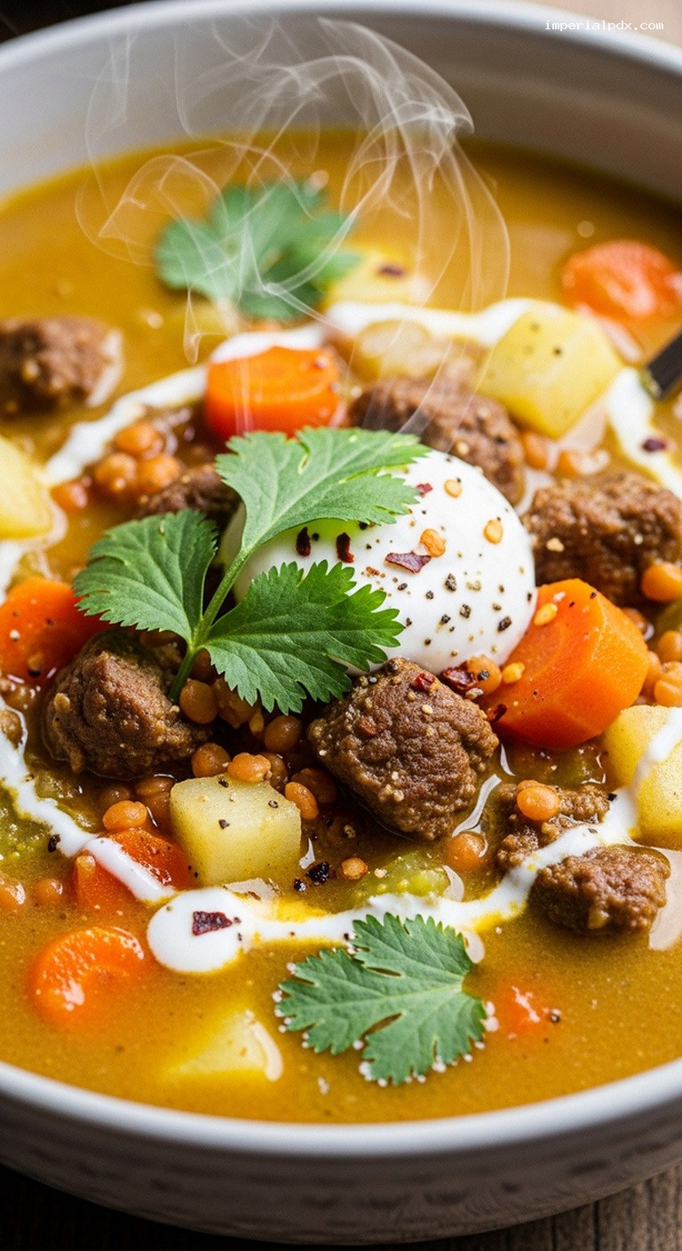 Creamy Beef Mulligatawny Soup with Apples and Lentils – Closeup