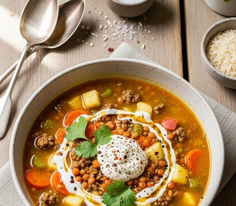 Creamy Beef Mulligatawny Soup with Apples and Lentils