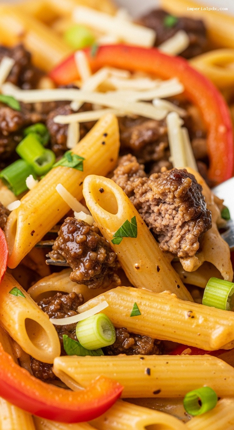 Creamy Cajun Beef Pasta With Peppers and Penne – Closeup