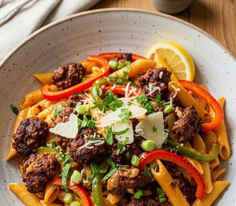 Creamy Cajun Beef Pasta With Peppers and Penne