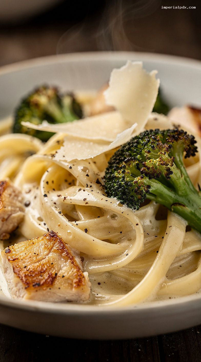 Creamy Chicken Alfredo with Roasted Broccoli and Parmesan Garlic Sauce – Closeup