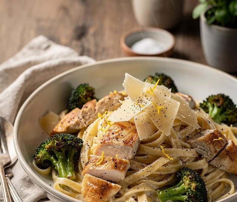 Creamy Chicken Alfredo with Roasted Broccoli and Parmesan Garlic Sauce