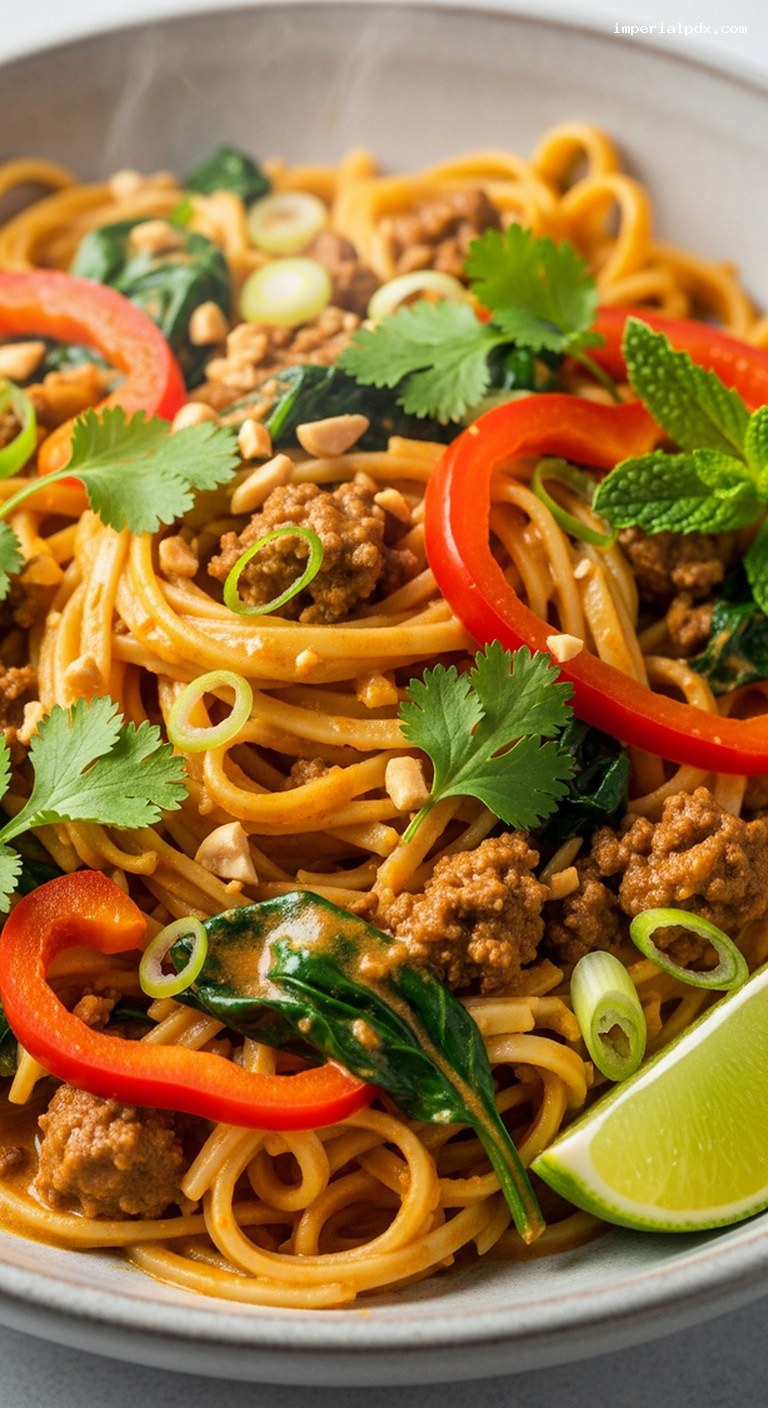 Creamy Coconut Beef Curry Noodles with Lime and Herbs – Closeup