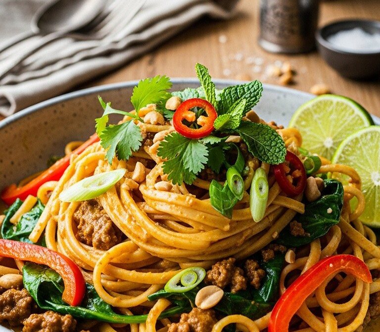 Creamy Coconut Beef Curry Noodles with Lime and Herbs