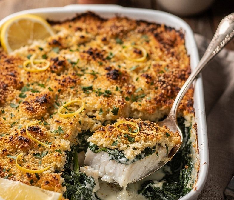 Creamy Fish and Spinach Gratin With Parmesan Breadcrumb Crust