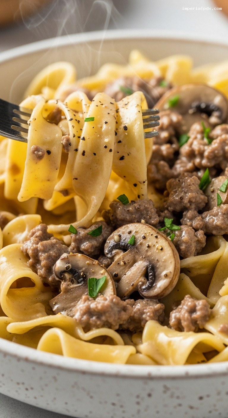 Creamy Ground Beef Stroganoff Skillet With Egg Noodles – Closeup