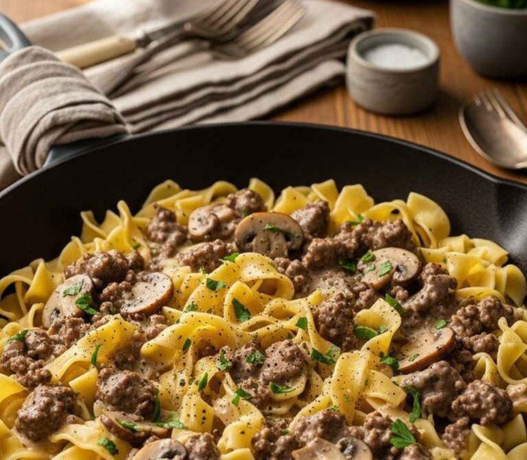 Creamy Ground Beef Stroganoff Skillet With Egg Noodles