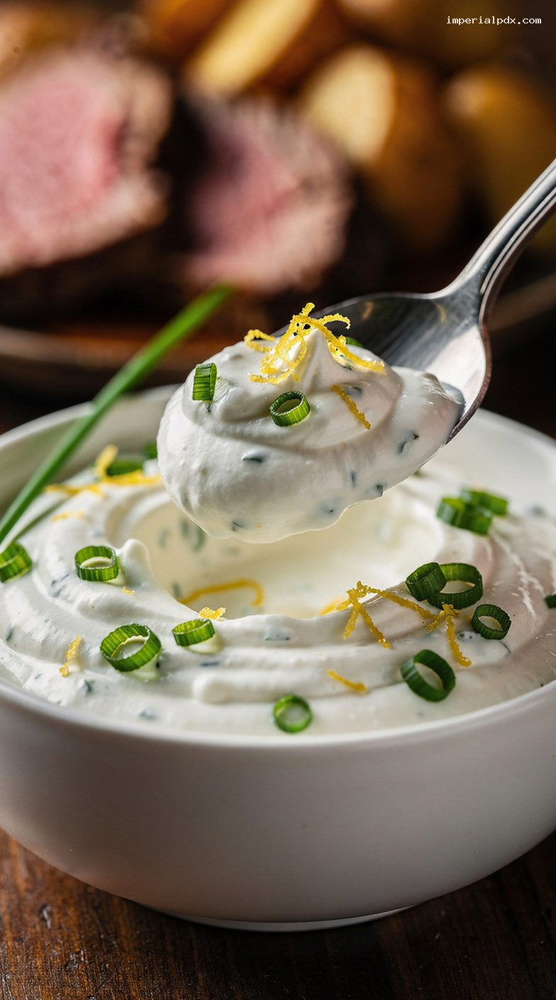 Creamy Horseradish Chive Sauce with Lemon and Sour Cream – Closeup