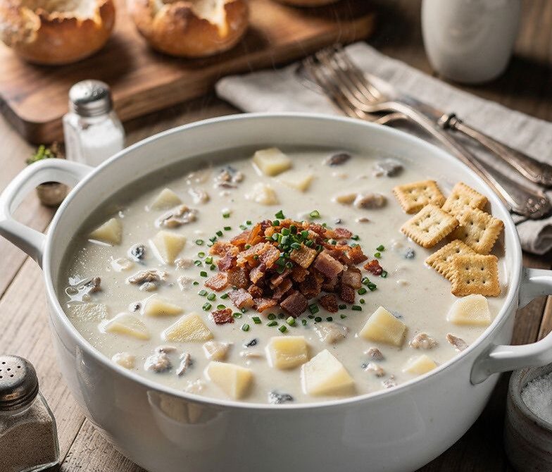 Creamy New England Clam Chowder Tureen with Bacon and Chives