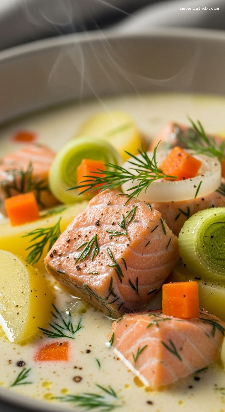 Creamy Scandinavian Salmon Soup with Dill, Potatoes, and Leeks – Closeup