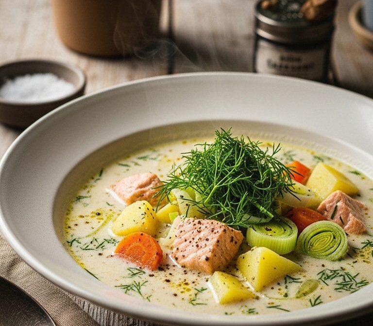 Creamy Scandinavian Salmon Soup with Dill, Potatoes, and Leeks