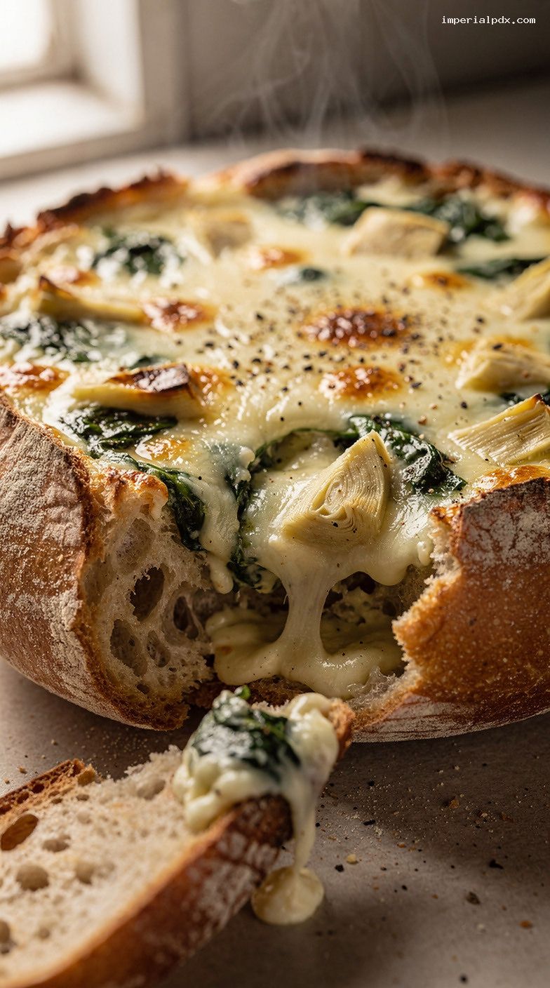 Creamy Spinach Artichoke Dip Bread Bowl with Toasted Dippers – Closeup