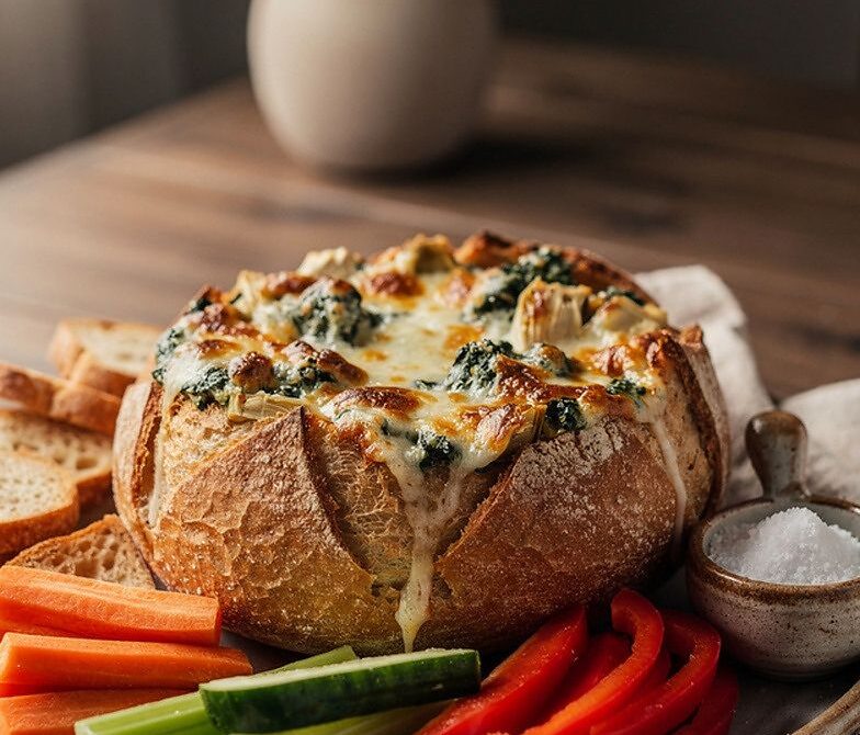 Creamy Spinach Artichoke Dip Bread Bowl with Toasted Dippers