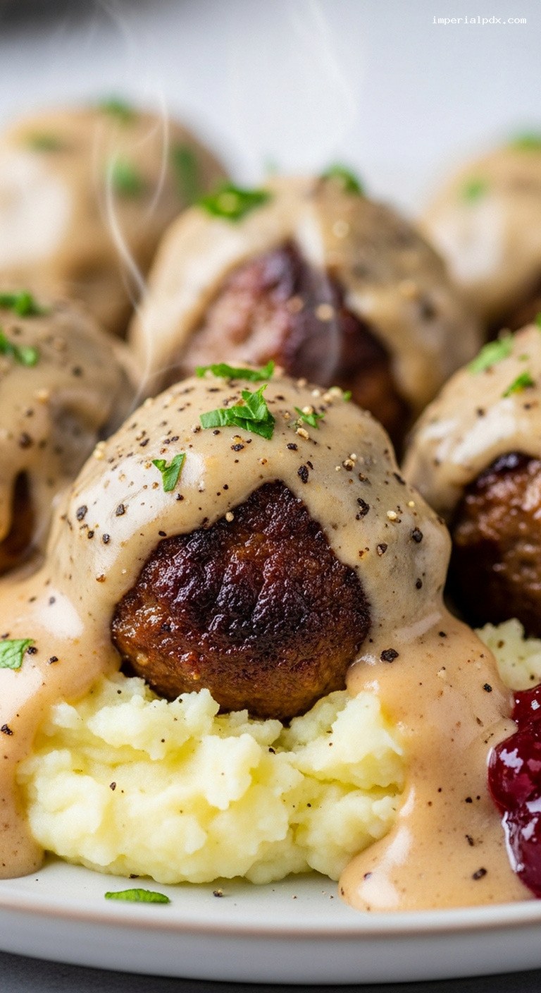 Creamy Swedish Meatballs with Mashed Potatoes or Noodles – Closeup