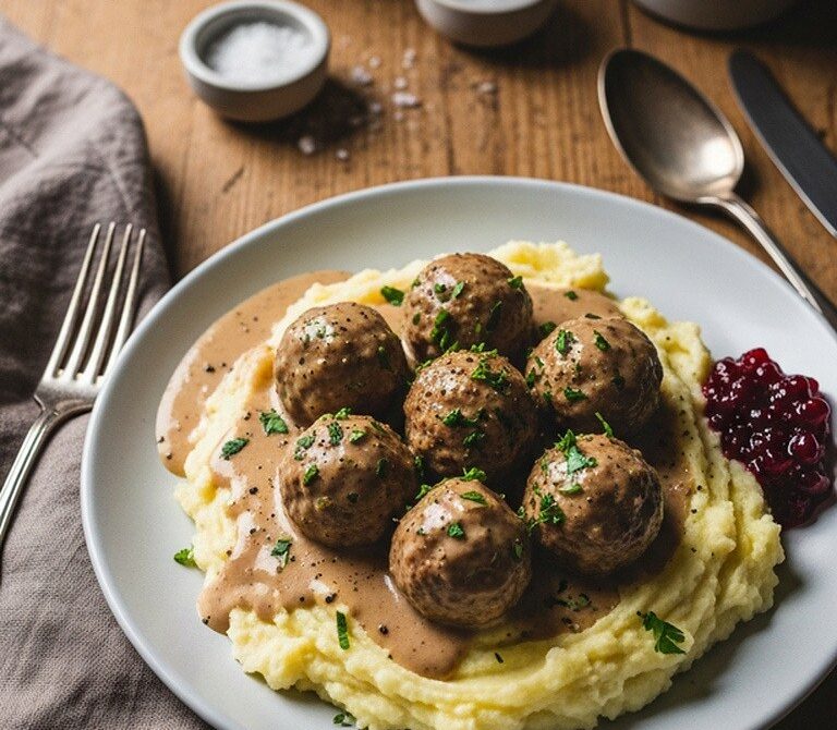 Creamy Swedish Meatballs with Mashed Potatoes or Noodles