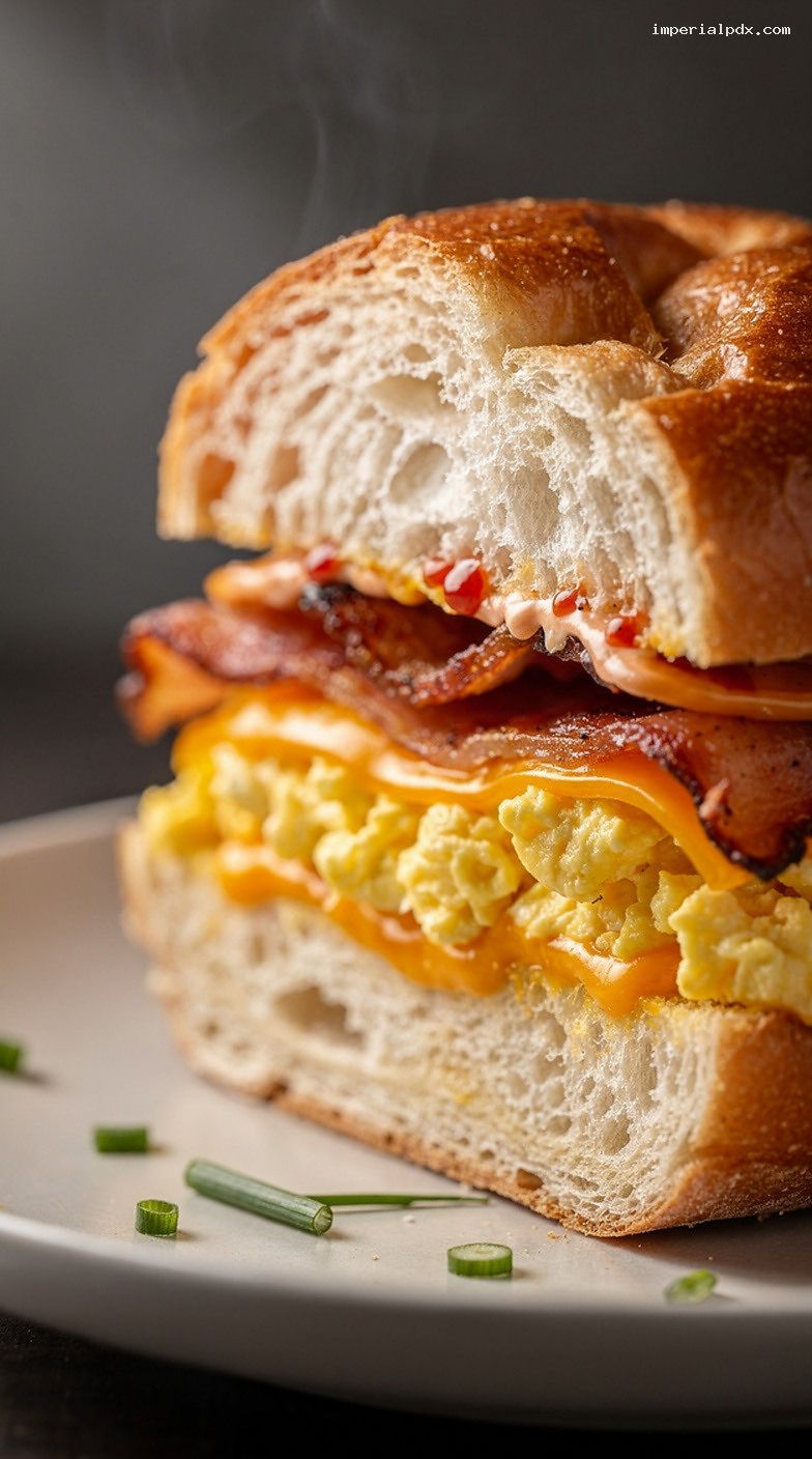 Crispy Bacon Egg and Cheese Brioche Breakfast Sandwich – Closeup