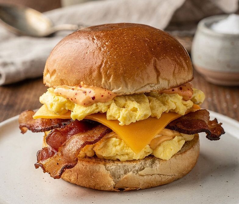 Crispy Bacon Egg and Cheese Brioche Breakfast Sandwich