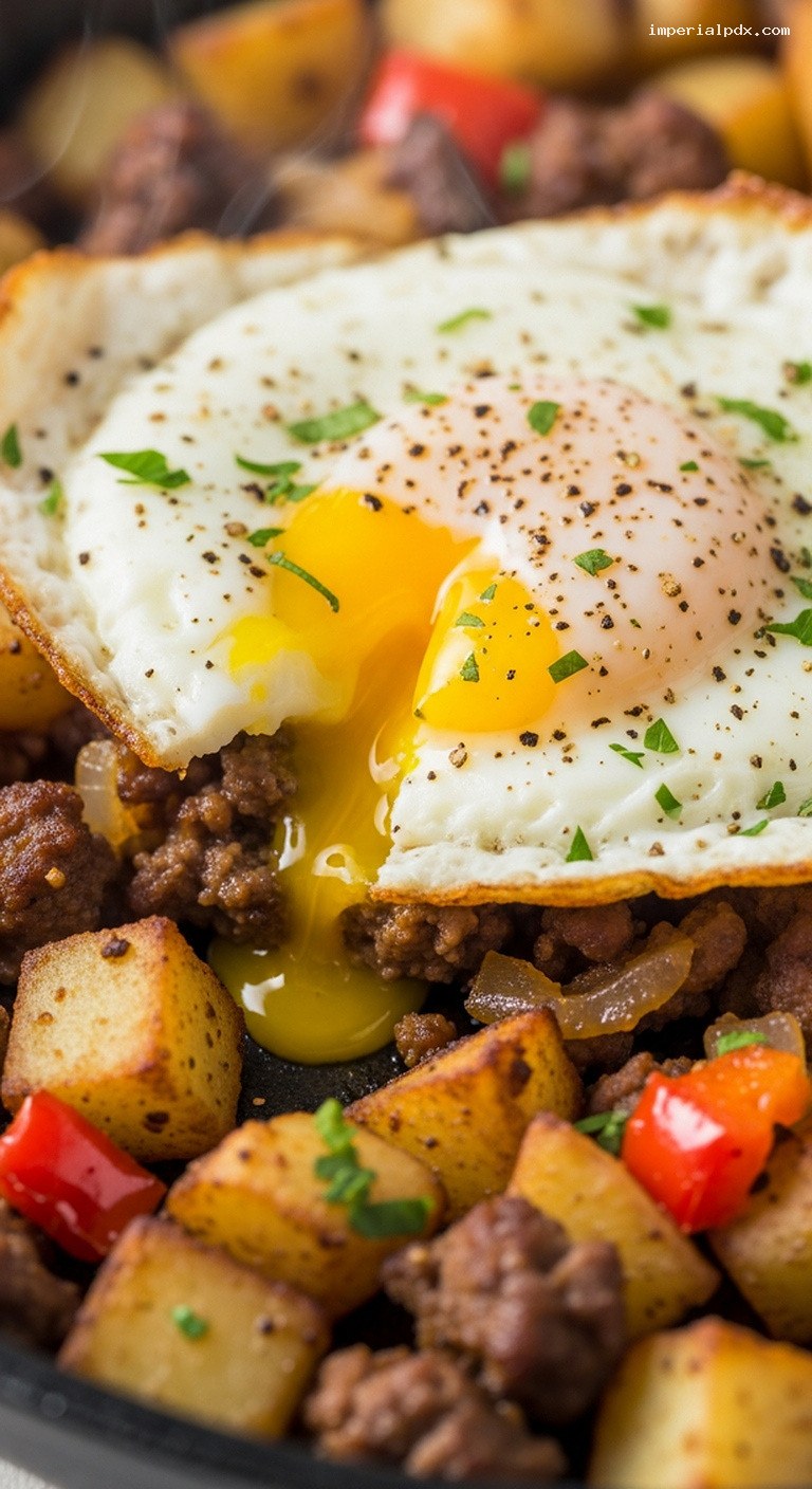 Crispy Beef and Potato Hash with Fried Eggs – Closeup