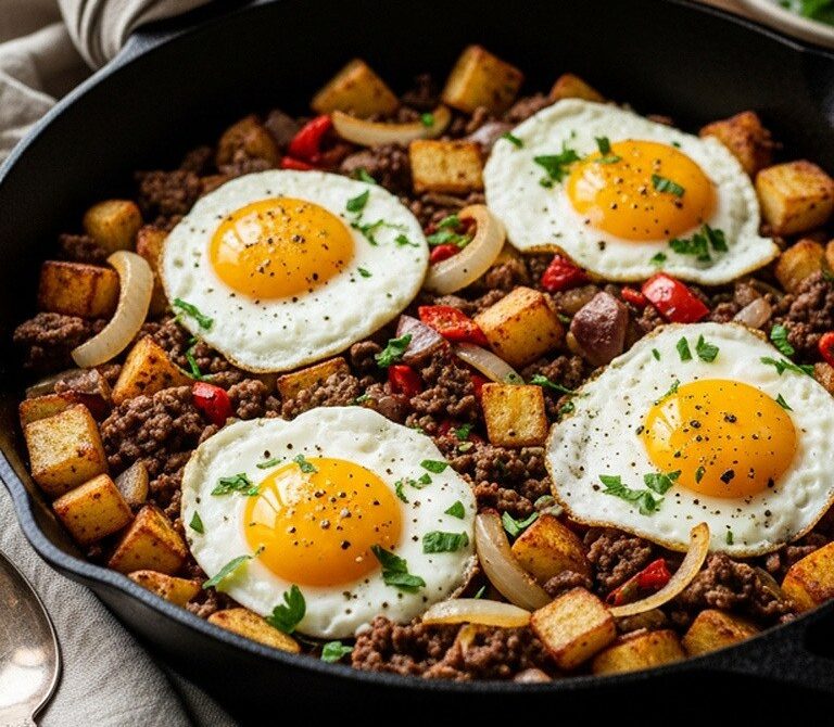Crispy Beef and Potato Hash with Fried Eggs