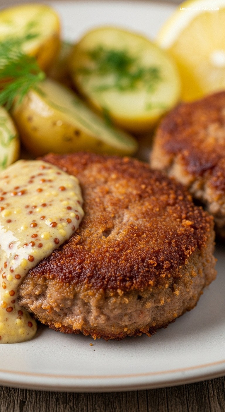 Crispy Beef Schnitzel Patties With Dill Potatoes and Mustard Sauce – Closeup
