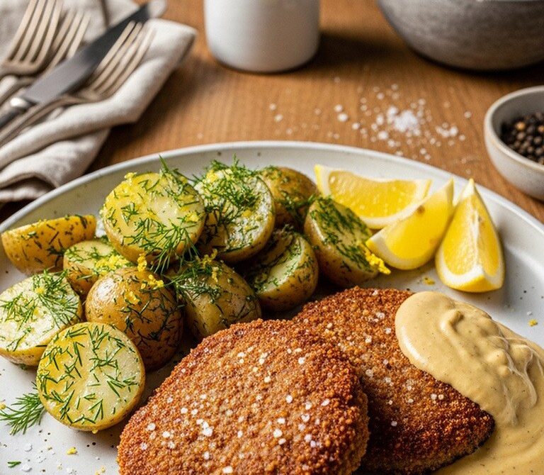 Crispy Beef Schnitzel Patties With Dill Potatoes and Mustard Sauce