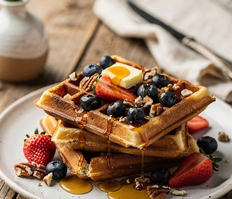 Crispy Belgian Waffles With Warm Maple-Butter Syrup