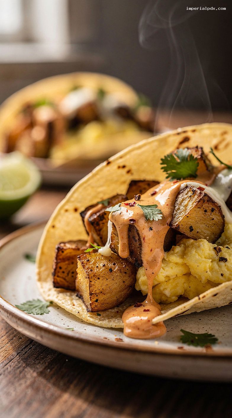 Crispy Breakfast Potato Tacos With Eggs and Chipotle Crema – Closeup