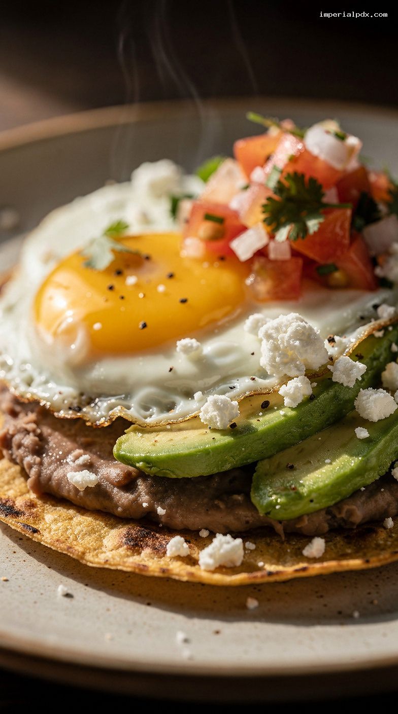 Crispy Breakfast Tostadas With Refried Beans, Egg, and Avocado – Closeup