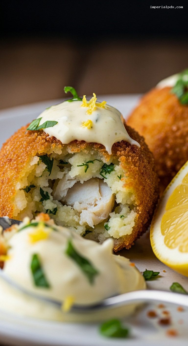 Crispy Fish and Potato Croquettes with Lemon Aioli – Closeup