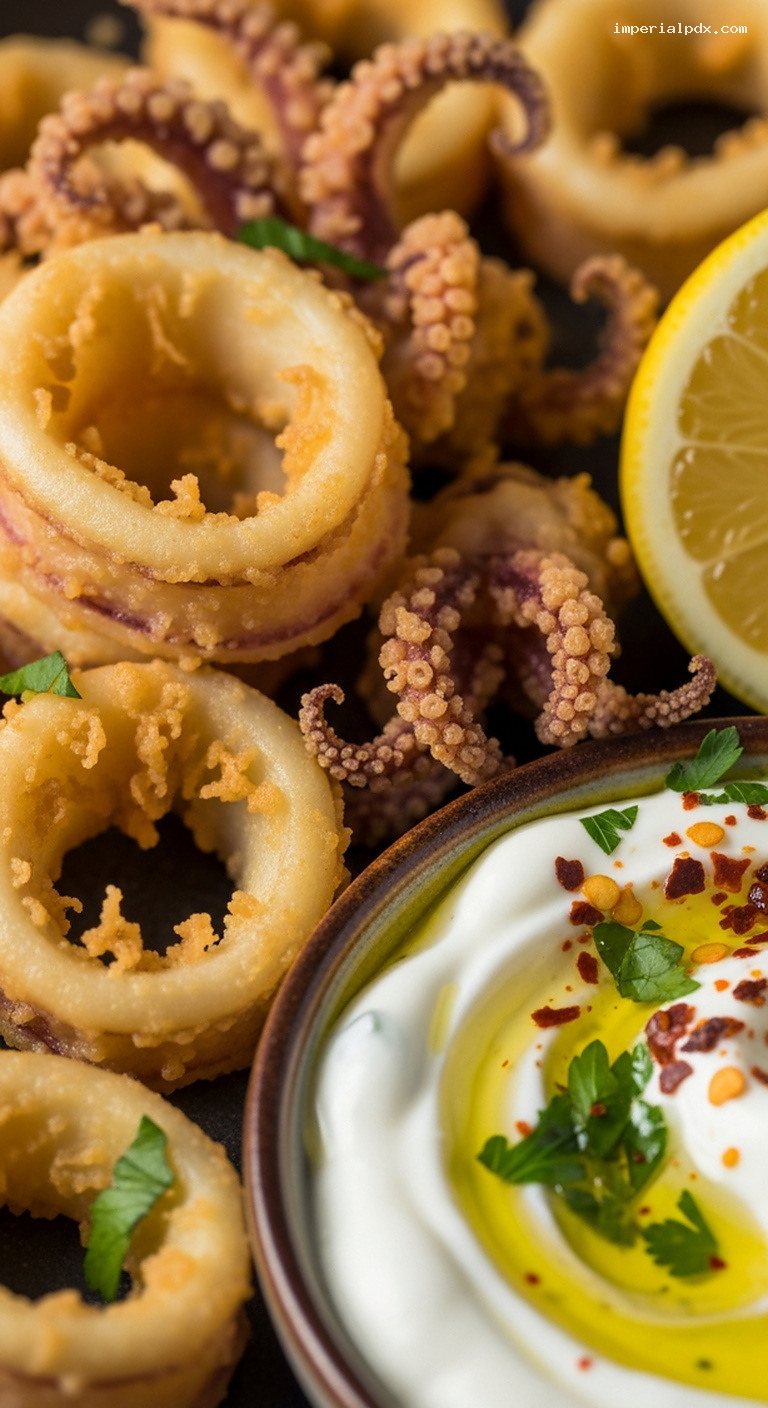 Crispy Kalamar Tava With Garlic Lemon Dipping Sauce – Closeup