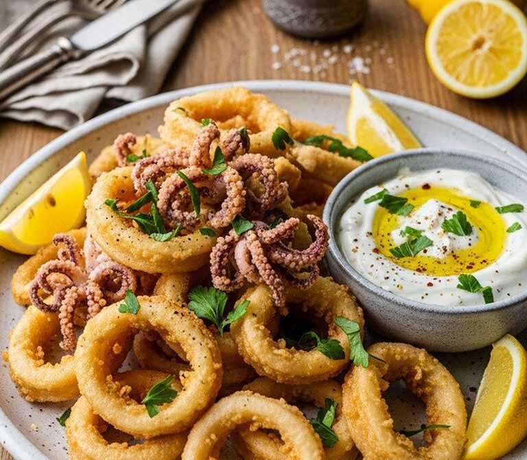 Crispy Kalamar Tava With Garlic Lemon Dipping Sauce