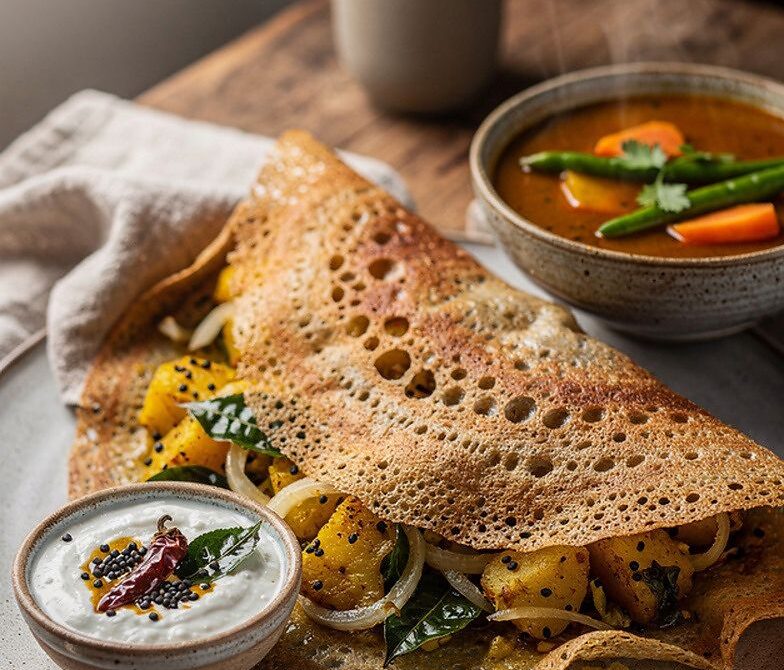 Crispy Masala Dosa With Spiced Potato Filling, Chutney, and Sambar