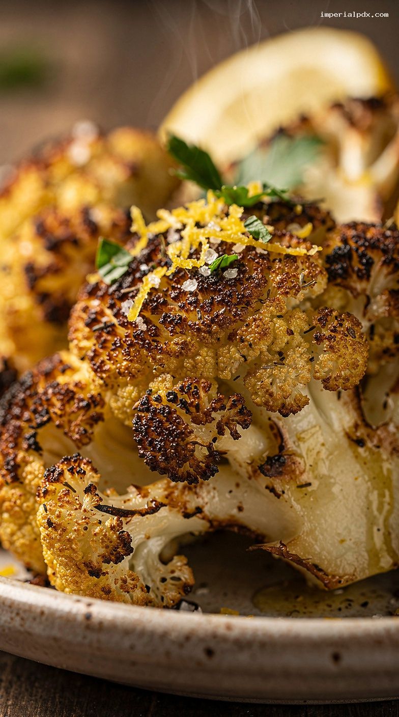 Crispy Parmesan Roasted Cauliflower With Garlic, Herbs, and Lemon Zest – Closeup
