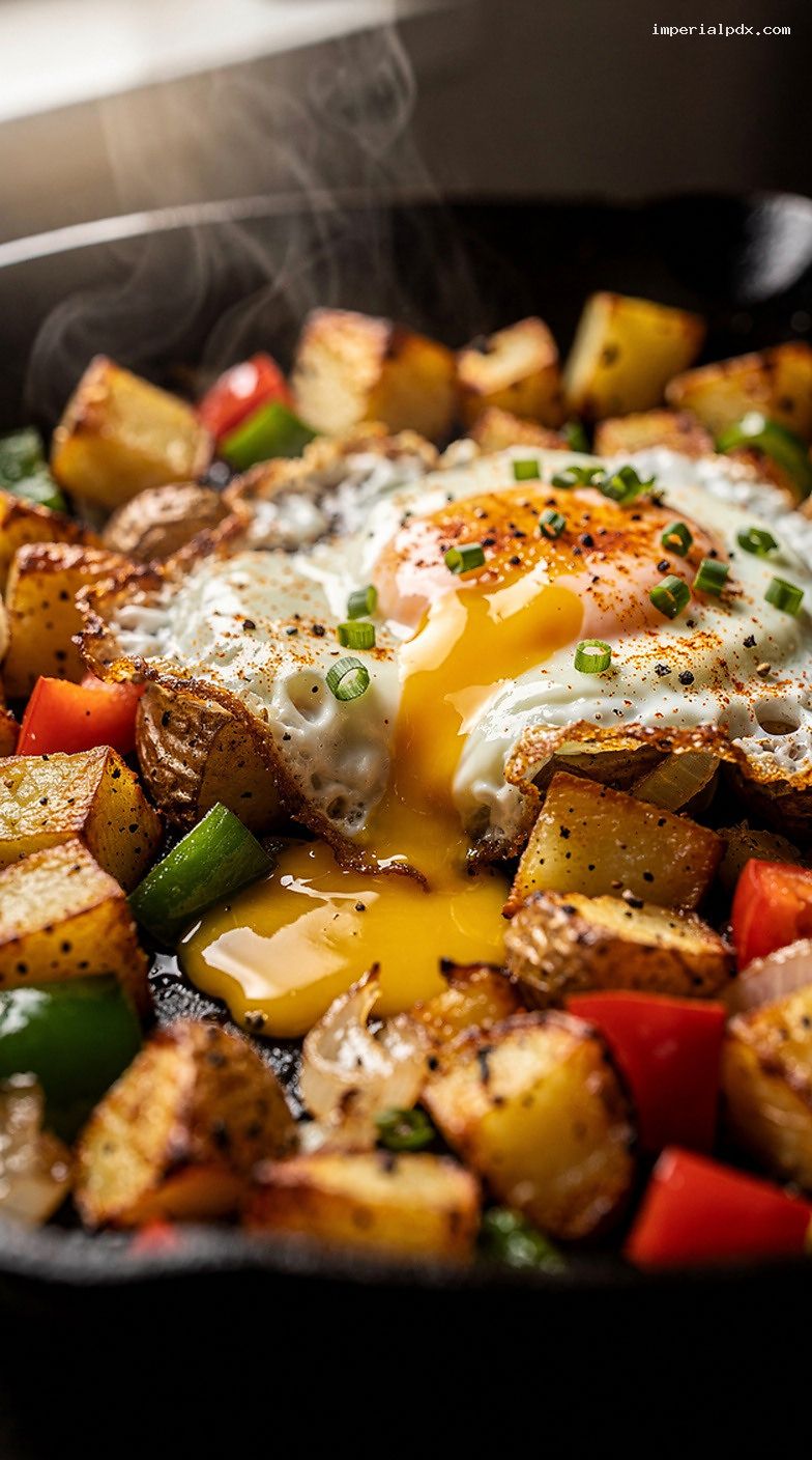 Crispy Potato Breakfast Hash With Peppers, Onions, and Runny Eggs – Closeup